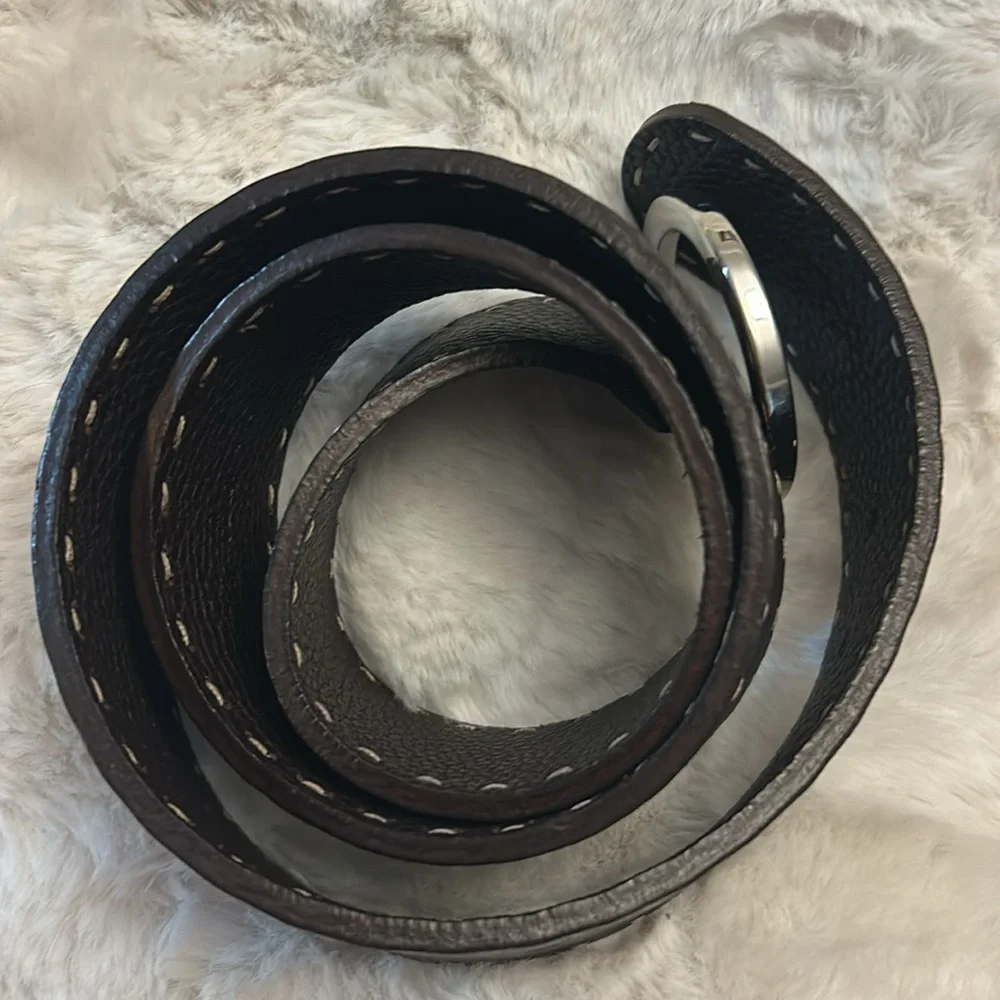 Fendi Dark Brown Leather Belt with Silver Round Buckle
